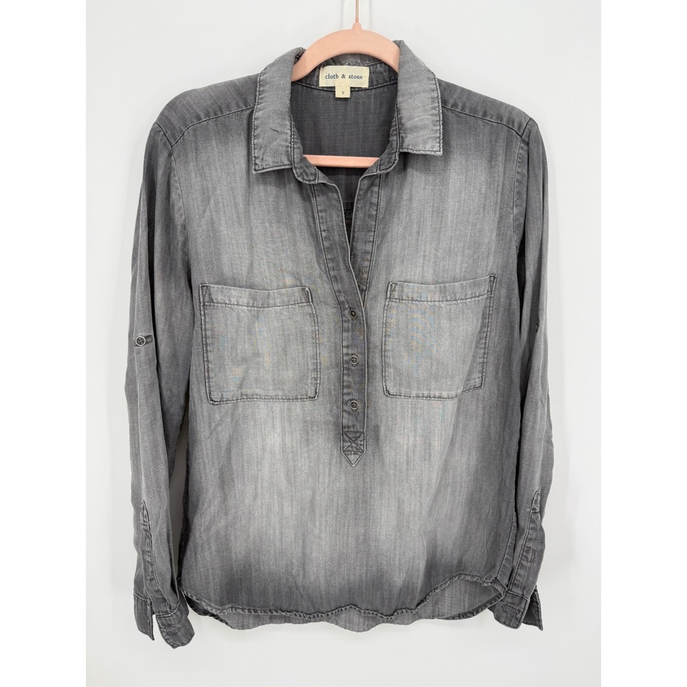 Cloth & Stone Henley Top Womens Small Grey Tencel Roll Tab Sleeve B2777-678-254